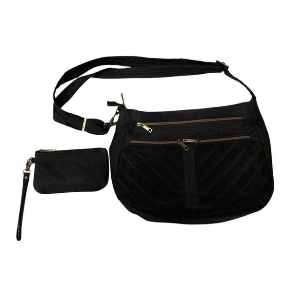 Travelon Black Quilted Nylon Large Crossbody Bag Travel Purse Brass Hardware - Picture 1 of 10